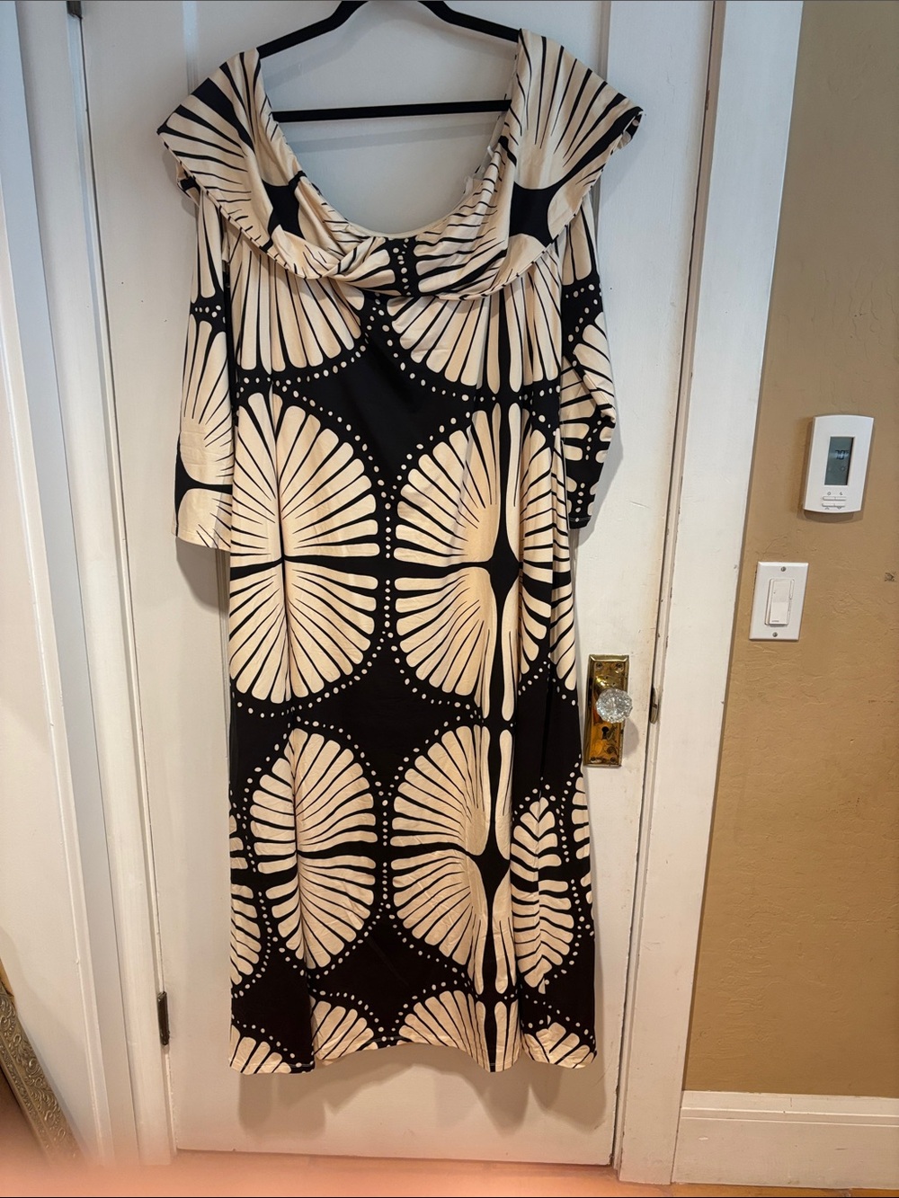 Off-Shoulder Black Maxi Dress with Cream Geometric Print